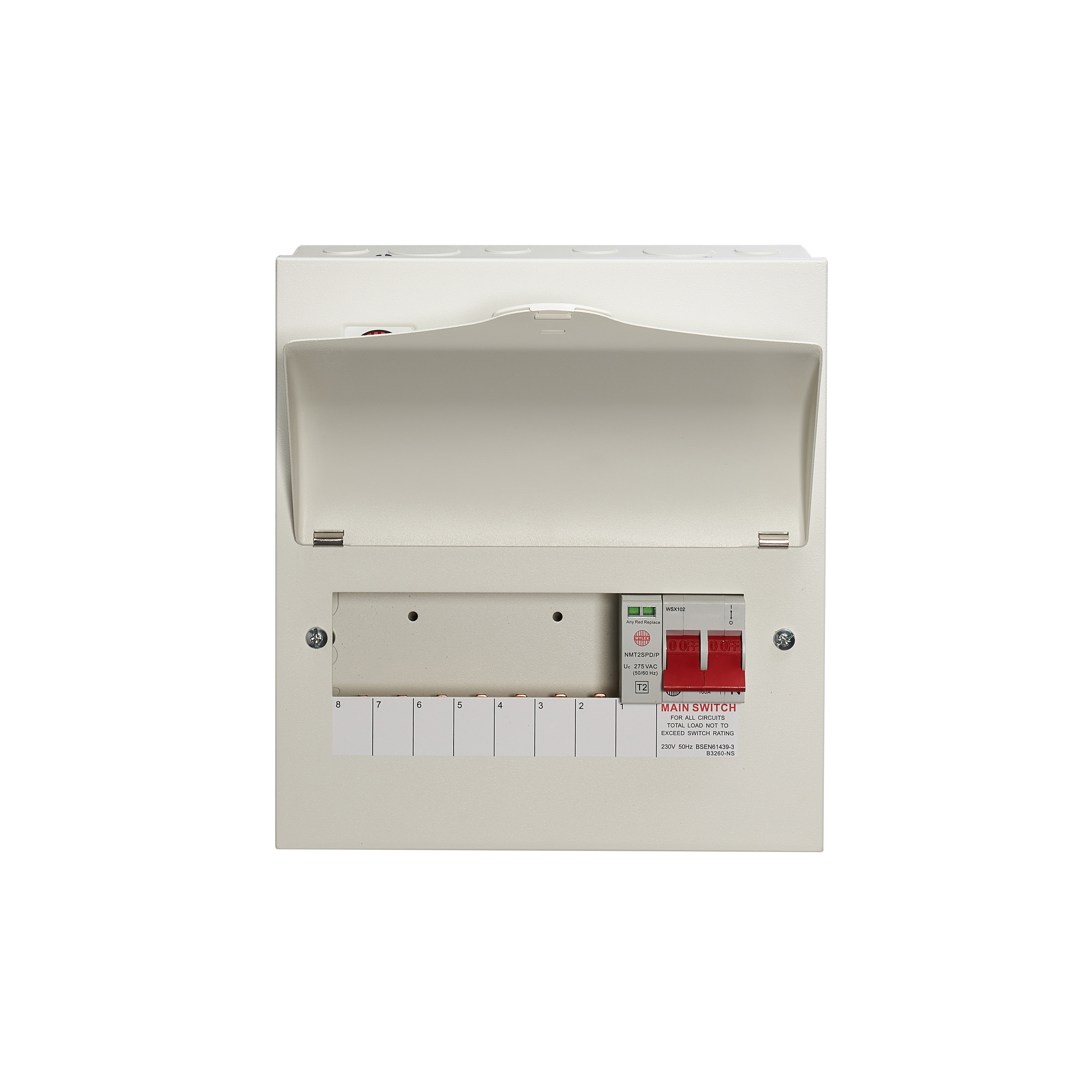 7 Way Consumer Unit Main Switch 100A, Fixed Configuration, with SPD