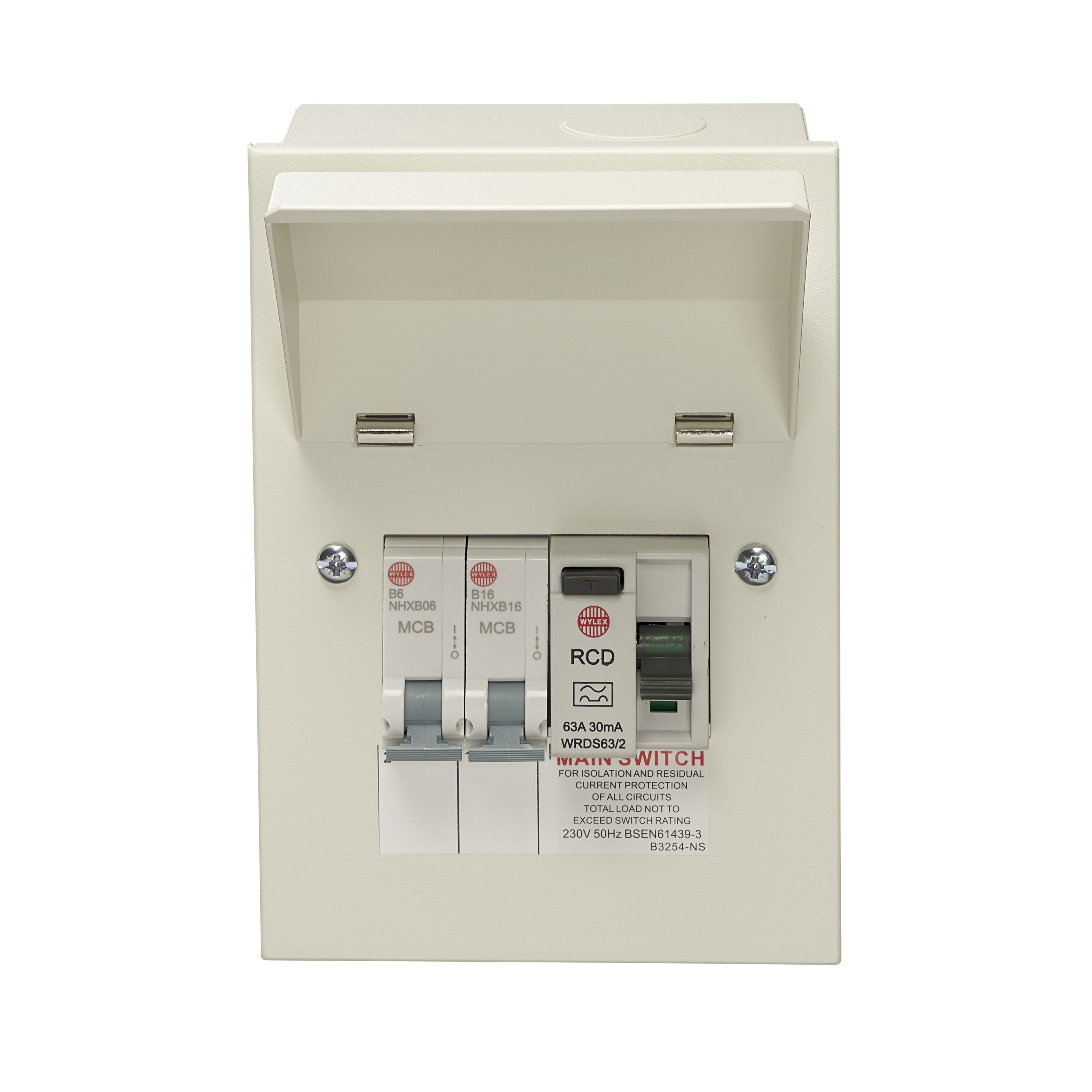 2 Way Consumer Unit RCD Incomer 63A 30mA with 1x B6 and 1x B16 MCB