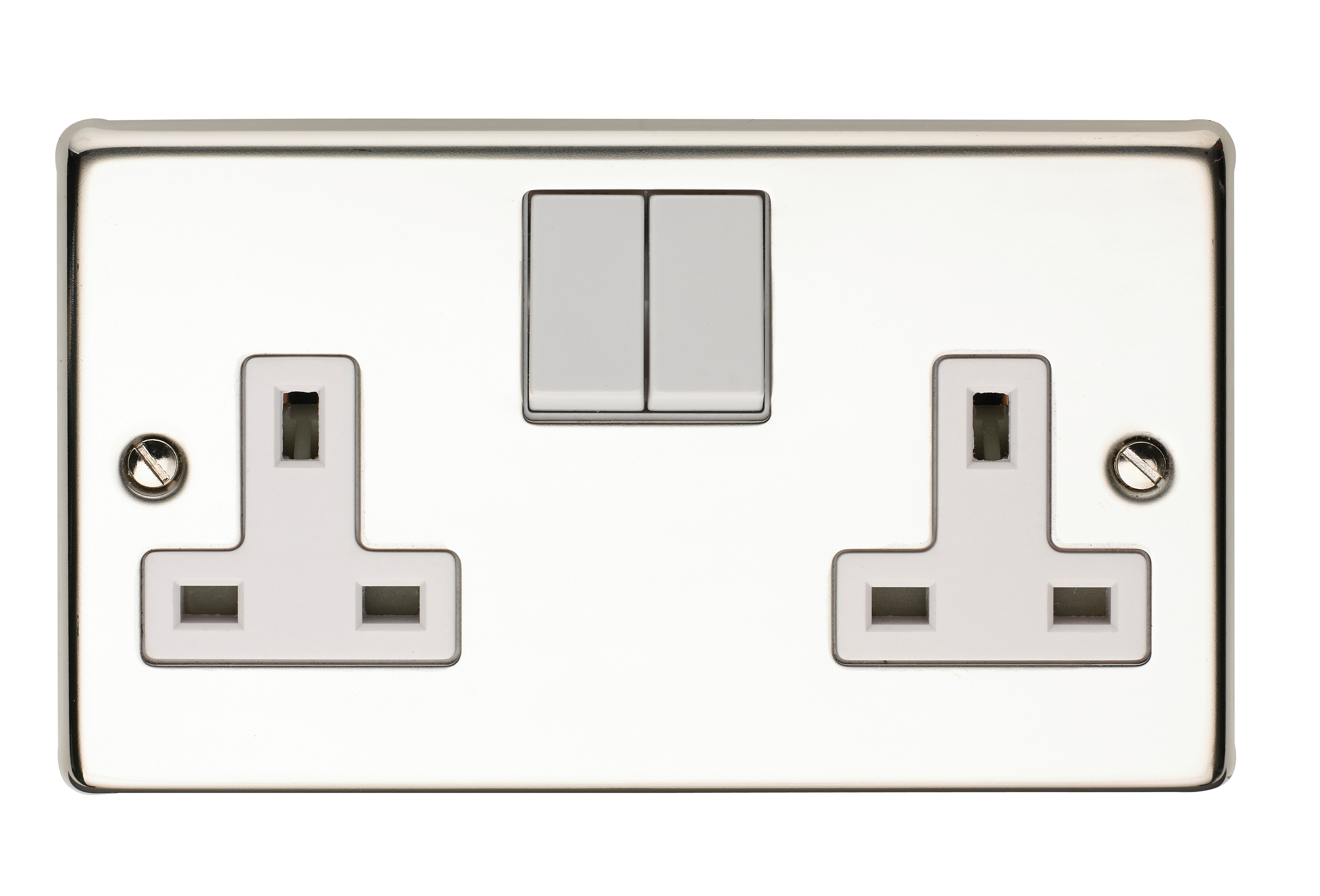 13A 2 Gang Double Pole Switched Socket Polished Steel Finish